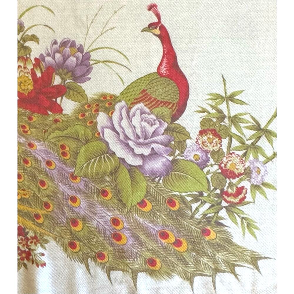 Cream Peacock & Floral Fringe Shawl Wrap Scarf 🦚